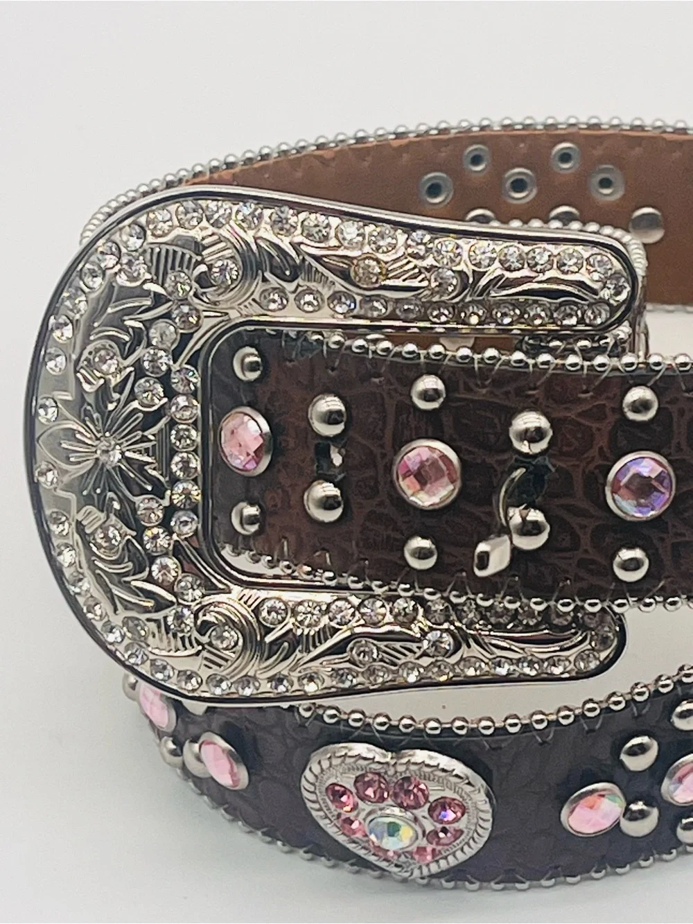 Embellished Heart Stud Western Belt - Brown Pink Crystals Removable Buckle